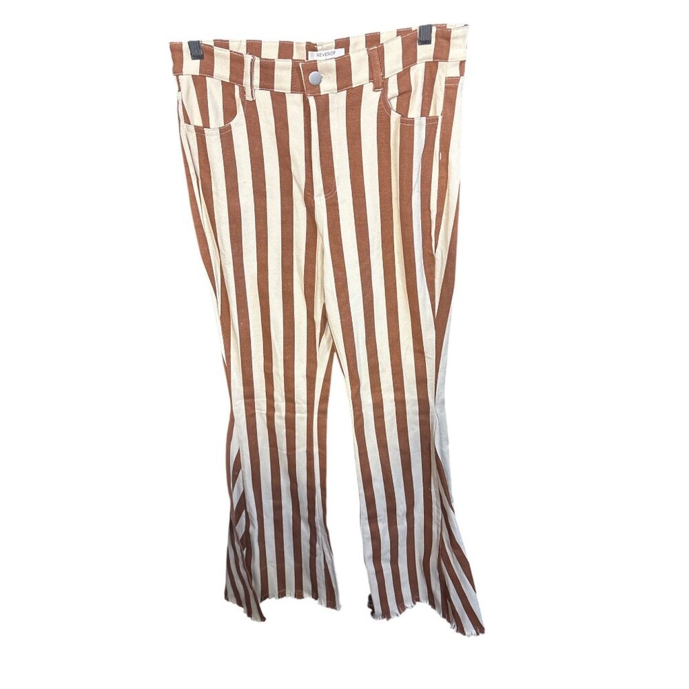Reverof Womens Striped Flared Pants Brown & White Size L Cotton Blend Festival R